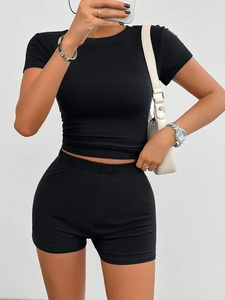 Women's 2-piece black casual set with slim fit short sleeve t-shirt and biker shorts