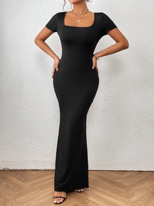 Elegant black square neck bodycon mermaid maxi dress for women with short sleeves