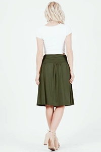 Detailed back view of a dark green pleated A-line midi skirt with a cinched waistline