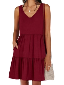 Women's Summer Casual V-Neck Sleeveless Tiered Ruffle Dress Solid Color Loose Fit Beach Vacation Tank Sundress