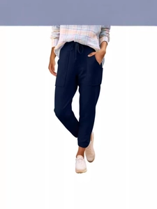 Pantaloni cargo blu navy da donna con coulisse e grandi tasche per un look quotidiano casual