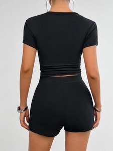 Women's black short sleeve crop top and high waist shorts slim fit two-piece knit set