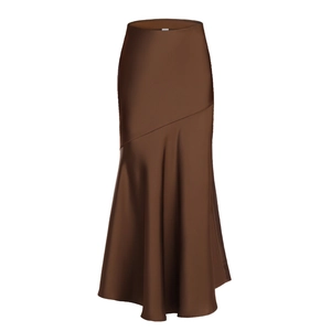 Detailed view of high-waist brown satin midi skirt with diagonal seam and mermaid hem