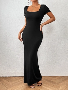 Women Elegant Square Neck Short Sleeve Slim Fit Maxi Dress Solid Color Stretchy Bodycon Long Dress For Party Clubwear