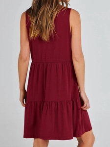 Women's burgundy sleeveless V-neck tiered mini dress shown from a back view perspective