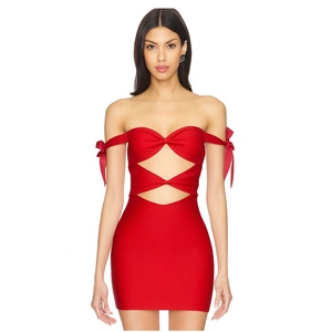 Detail of red strapless party dress with bow sleeves and stylish cutout design elements