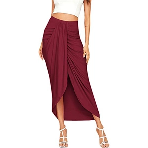 Detailed view of dark burgundy wrap skirt with high-waist draping and side slit