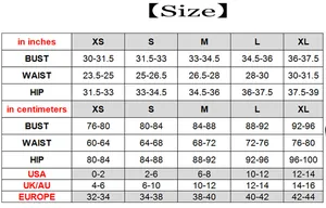 Size chart for floral bandage dress with measurements in inches and cm for XS to XL