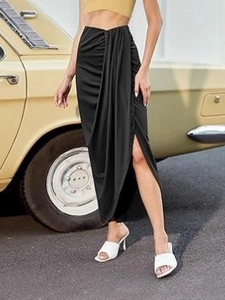 Women's high waist black midi skirt with elegant drape, side slit, and ruched details