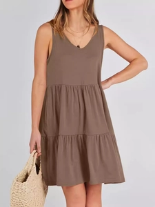 Women's summer V-neck sleeveless tiered mini dress in coffee brown with layered hem