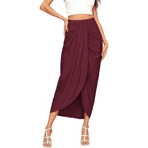 Detail view of burgundy high-waisted draped skirt with asymmetric cross wrap hem design