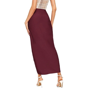 Rear view of long burgundy maxi skirt with a high waist and elegant draped silhouette