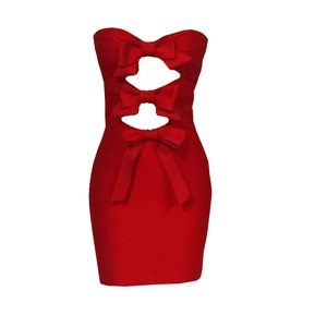 Red strapless bandage dress featuring cutout details and large front bows for parties