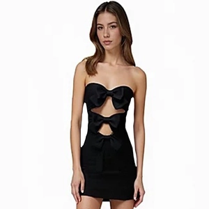 Slim fit black tube top mini dress featuring three large front bows and cut-outs