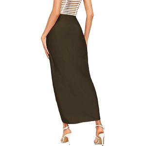 Rear view of long high waist split skirt in dark brown with elegant draped silhouette