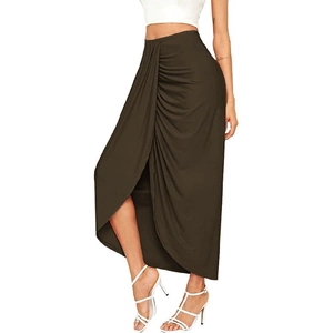 Detail of high waisted dark brown skirt featuring side ruching and asymmetric draped split