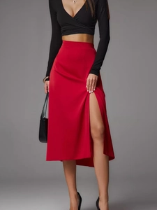 Women High Waist Satin Midi Skirt Elegant Solid Color Silky Side Slit A-Line Skirt For Office Party Commute Fashion Bottoms