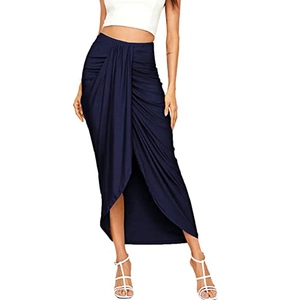 Detail of high waisted navy drape skirt featuring asymmetric tulip hem and pleated fabric