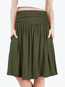 Elegant army green pleated midi skirt with high waist design and side pockets for women