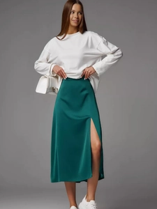Elegant dark green high waist satin midi skirt with side slit for a silky look
