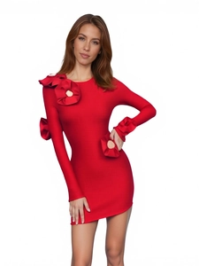 Robe Mini Moulante Sexy à Fleurs Ajourée pour Femme Manches Longues Coupe Ajustée Tricot Banquet Fête Clubwear Robe