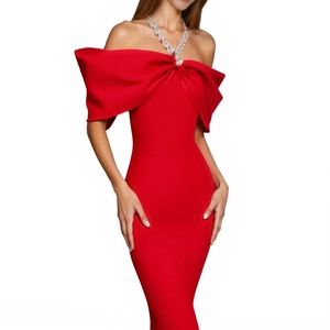 Elegant red off-shoulder bandage dress with a large bow detail for party wear
