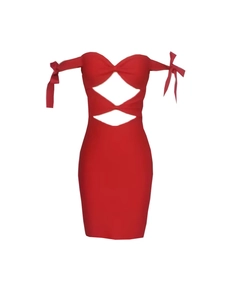 Women Sexy Red Mini Dress Bow Off-Shoulder Cutout Hollow Bodycon Party Nightclub Bandage Polyester Spandex Tight Dress