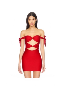 Red strapless bandage mini dress with waist cut-outs and bow details for parties