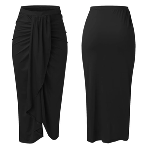 Detail showing draped wrap design and elastic high waist on black casual midi skirt