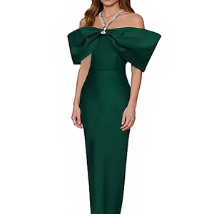 Elegant dark green off-shoulder bandage dress with rhinestones and large bow detail