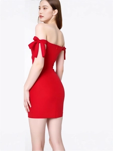 Elegant red off-shoulder mini dress with oversized bow sleeves for party wear