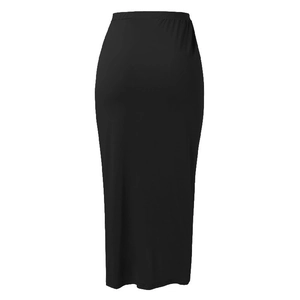 Detail of high waist black midi skirt showing elastic draped fabric and asymmetric cut