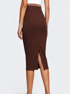 Elegant dark brown high waist midi bandage skirt with back slit and invisible zipper