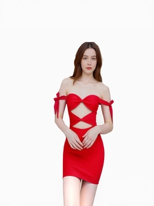 Red cut-out bodycon bandage dress with sweetheart neckline and bow-tie hollow design