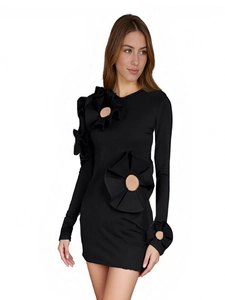 Mini robe noire ajustée à manches longues avec grandes fleurs 3D et découpes ajourées