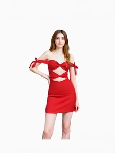 Bright red sleeveless bandeau party dress with bow details and waist cut-outs
