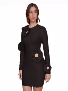 Robe courte noire ajustée à manches longues avec découpes florales 3D pour soirée