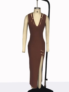 Dames Sexy V-Hals Mouwloos Split Maxi Jurk Met Veiligheidsspeld Decoratie High Street Bodycon Feest Avondjurk