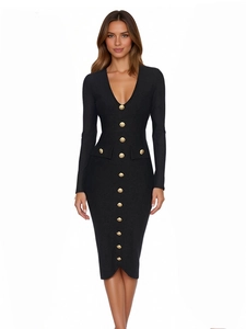 Damen V-Ausschnitt Langarm Bodycon Midi Kleid Elegant Goldknopf Schmale Passform Bandage Kleid Party Bankett Abendkleid