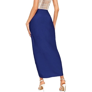 Back view of high waist navy blue bodycon skirt with elastic fabric and ankle-length cut