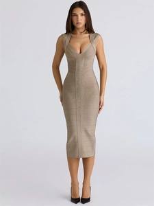 Robe Bandage sans Manches à Col en V pour Femmes Coupe Slim Élégante Fente Mi-Longue Bodycon Fête Cocktail Club Midi