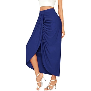 Detail of royal blue high waist ruched skirt with side slit and asymmetric drape design