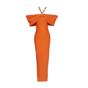 Elegant orange bodycon bandage dress with halter neck and sparkling rhinestone details