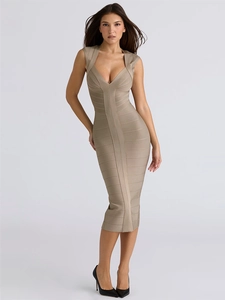 Robe midi bandage kaki sans manches avec col en V et fente latérale pour femmes