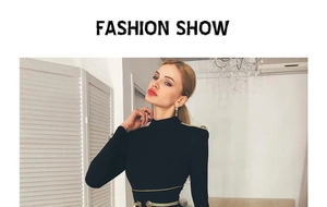 Detail of black knit dress featuring structured shoulders with gold buttons and waist belt
