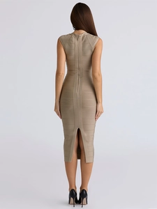 Robe bandage kaki pour femme avec fermeture éclair au dos et coupe moulante fendue