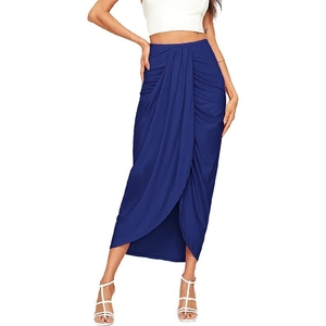 Close-up of high-waist ruched detail and front slit design on a navy blue midi skirt