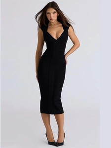 Robe bandage noire élégante avec col en V, sans manches et coupe moulante ajustée