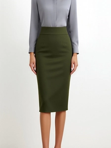 Detail of high-waist olive green pencil skirt with slim fit and midi length for work