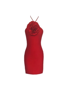 Mini robe moulante rouge à licou avec une grande fleur 3D et dos nu élégant